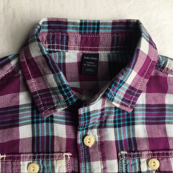 Gap shirt size 12 18 months plaid lined blue purple boys cotton button down - Picture 3 of 16